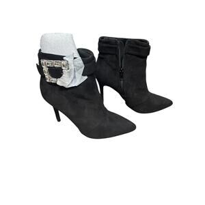Black Faux Suede Ankle Stiletto Boots Rhinestone Buckle